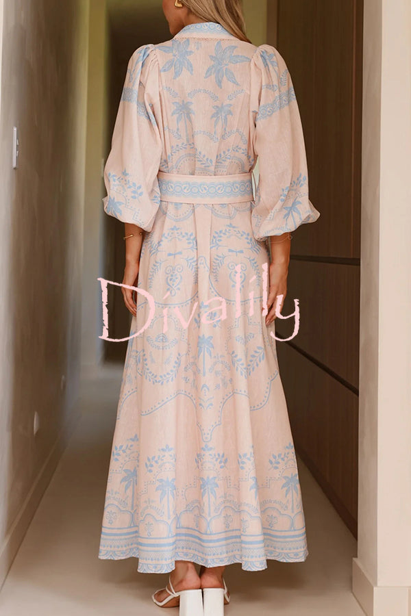Linen Blend Lapel Puff Sleeve Casual Waist Belted Maxi Dress
