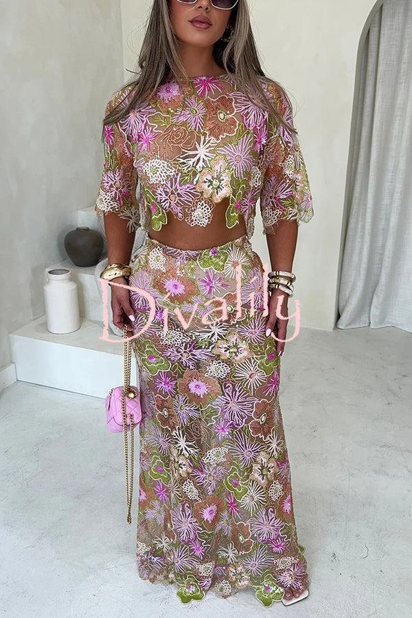 Fashionable Embroidered Flower Sequined Crop Top and Elegant Sheer Maxi Skirt Set