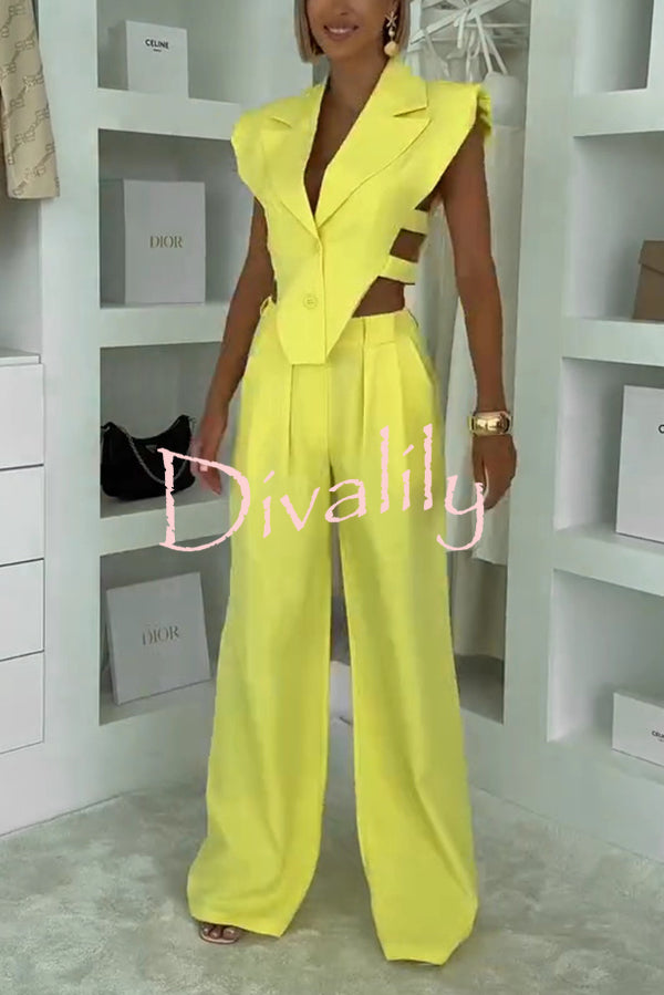 Fashion Style Lapel Waist-baring Irregular Vest and  Elastic Waist Pocket Loose Pants Set