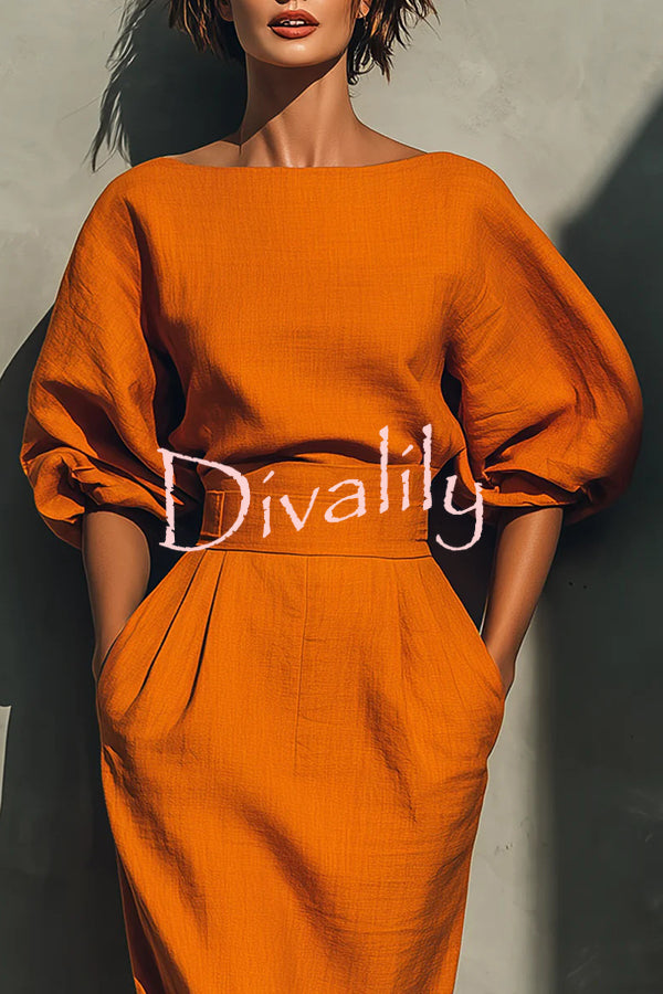 Linen Blend Round Neck Balloon Sleeve Top and High Waist Casual Pocket Midi Skirt Set