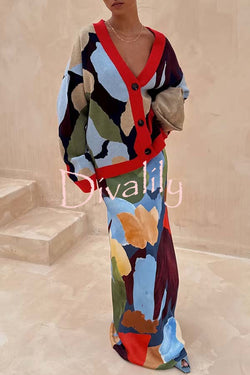 Bright and Bold Satin Abstract Color Blocks Print Elastic Waist Drape Maxi Skirt