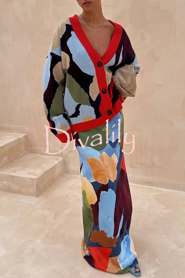 Bright and Bold Satin Abstract Color Blocks Print Elastic Waist Drape Maxi Skirt