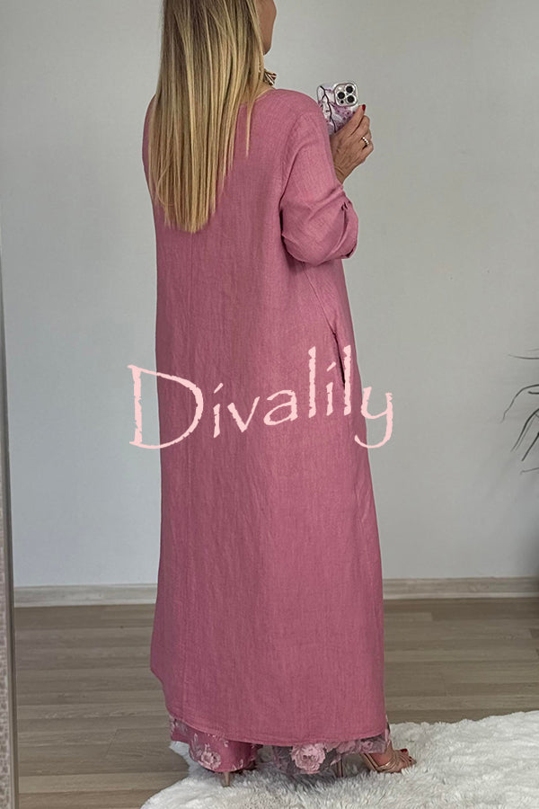 Linen Blend Crew Neck Long Sleeve Irregular Loose Top and Elastic Waist Floral Print Casual Pocket Set