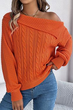 Solid Color Casual One Shoulder Long Sleeve Knitted Sweater