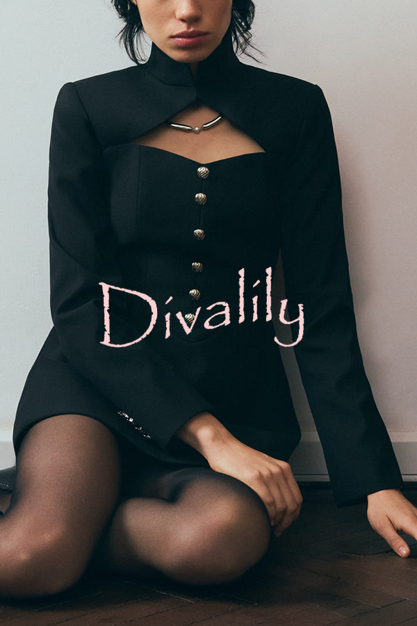 Elegant Long-sleeved Hollowed-out Button-down Slim-fit Mini Dress