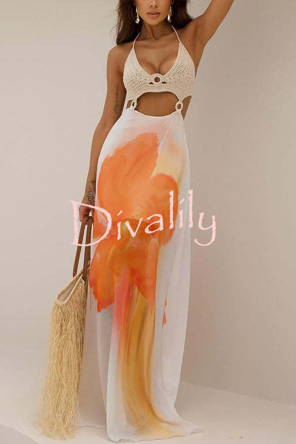 Lily Crochet Knit Bust Ring Floral Print Tulle Hem Maxi Dress