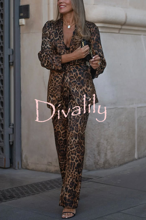 Chic View Leopard Print Tie-up Waist Lapel Blazer and Elastic Waist Loose Pants Set