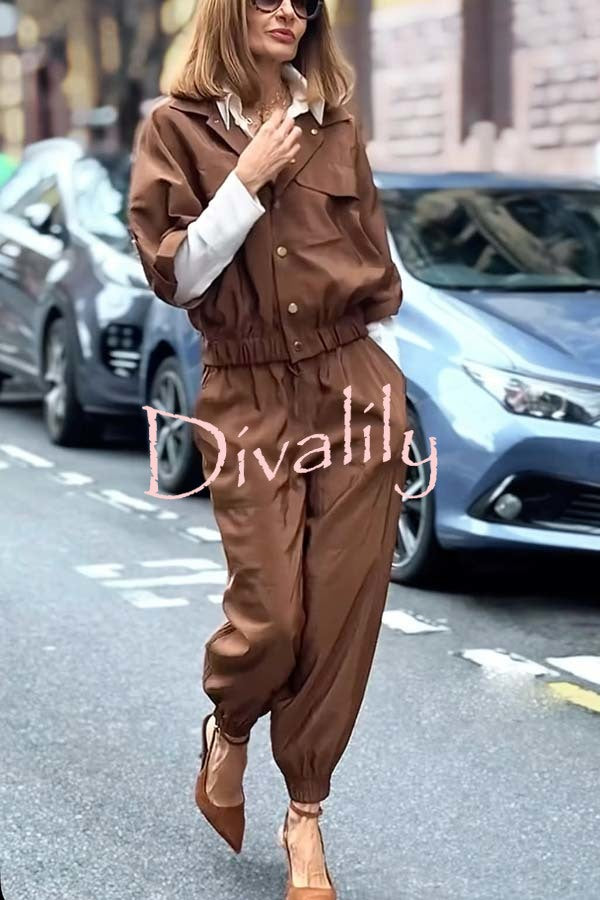 Street Charm Glossy Fabric Button Pocket Cargo Jacket and Elastic Waist Jogger Pants Set