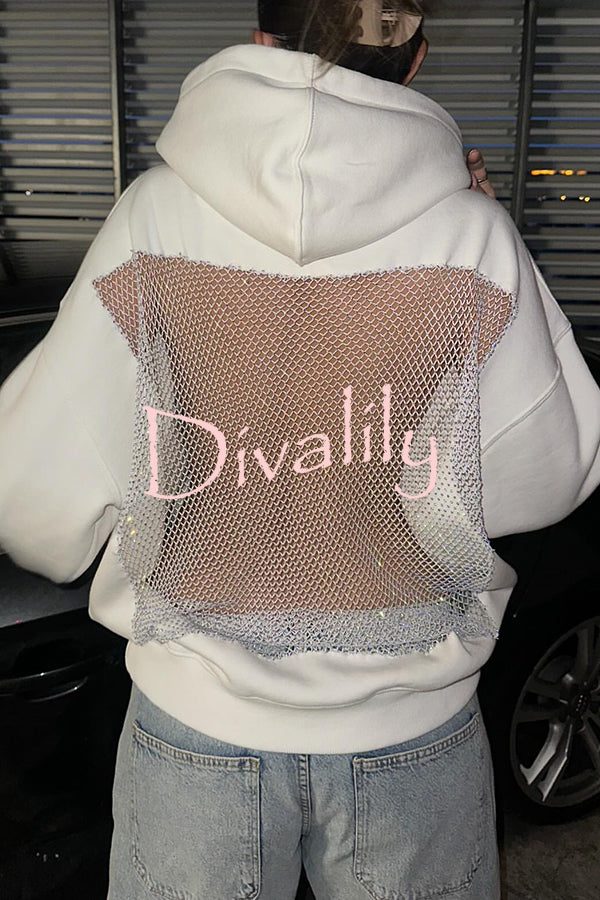 Fashionable Shiny Mesh Hollow Back Loose Long-sleeved Hooded Sweatshirt