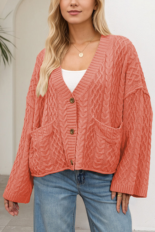 Solid Color Loose V-neck Long-sleeved Casual Pocket Knitted Cardigan