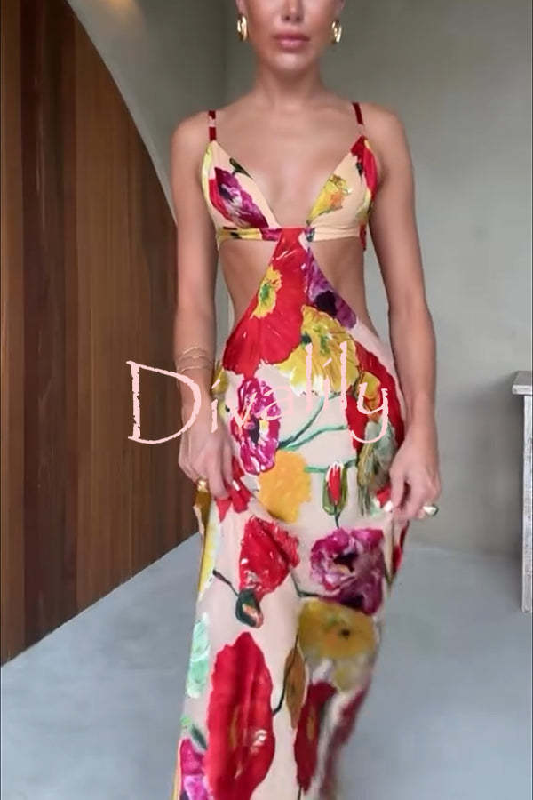 Hawaiian Dreams Satin Floral Print Cutout Backless Maxi Dress