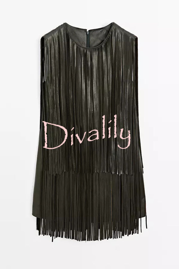 Modern Times Faux Leather Layered Tassel Design Sleeveless H-line Mini Dress