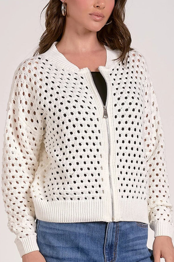 Solid Color Casual Knit Hollow Zipper Jacket