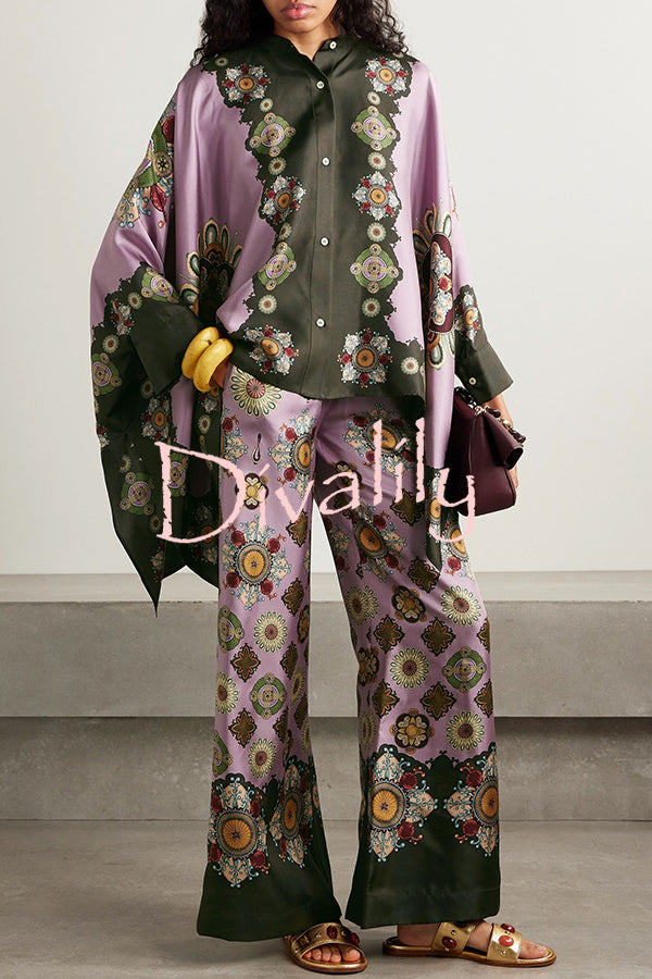 Satin Unique Print Loose Batwing Sleeve Top and Elastic Waist Pocket Casual Wide-leg Pants Set
