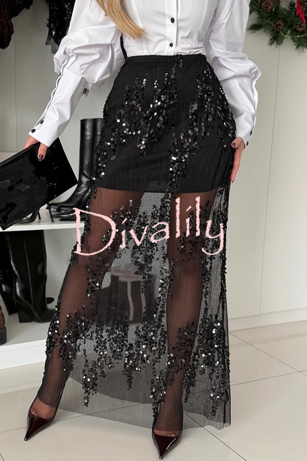 Darling Details Sequin Embroidered Tulle High Rise Elastic Waist Maxi Skirt
