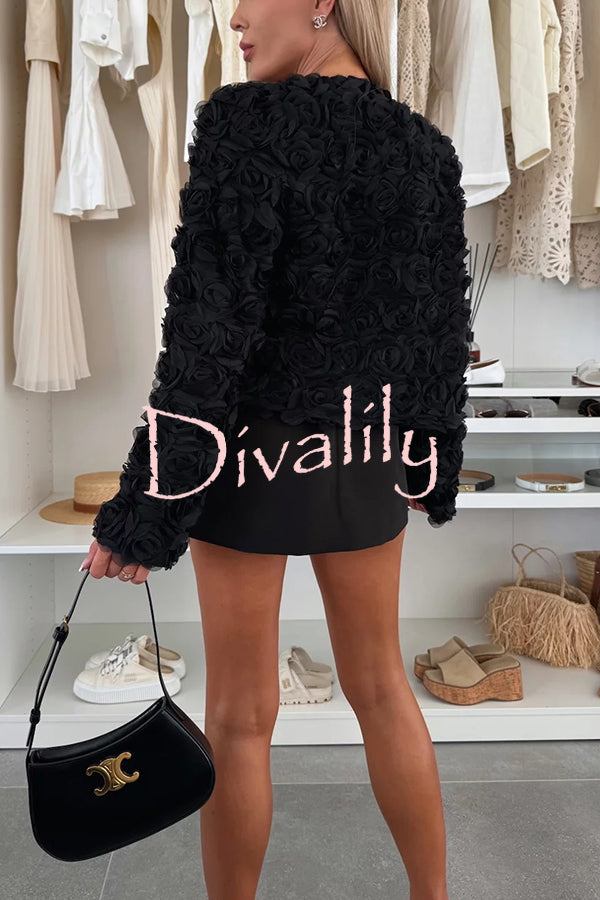 Fashionable Three-dimensional Flower Casual Long-sleeved Cropped Jacket