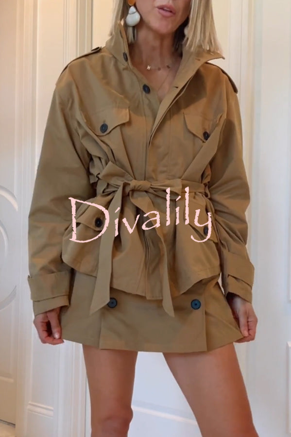 Chic Comfort Epaulettes Contrast Buttons Pocket Belt Cropped Trench Coat