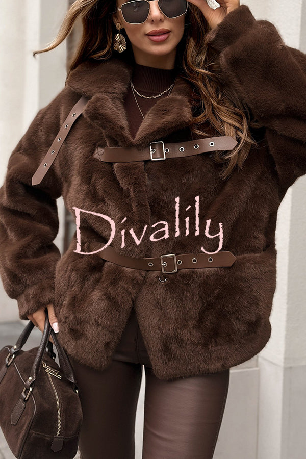 Chill Whispers Belt Buckle Design Long Sleeve Pocket Lapel Plush Coat