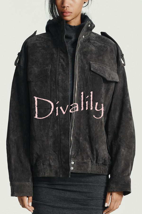 Fashionable Suede Loose Pocket Leather Jacket
