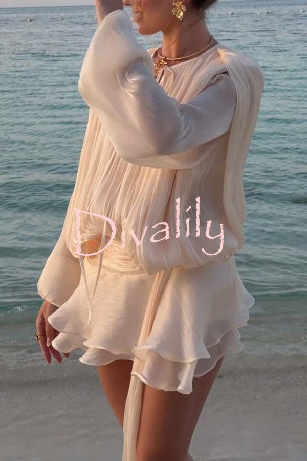 Ninah Glitter Fabric Pleated Balloon Sleeve Tiered Ruffle Hem Mini Dress