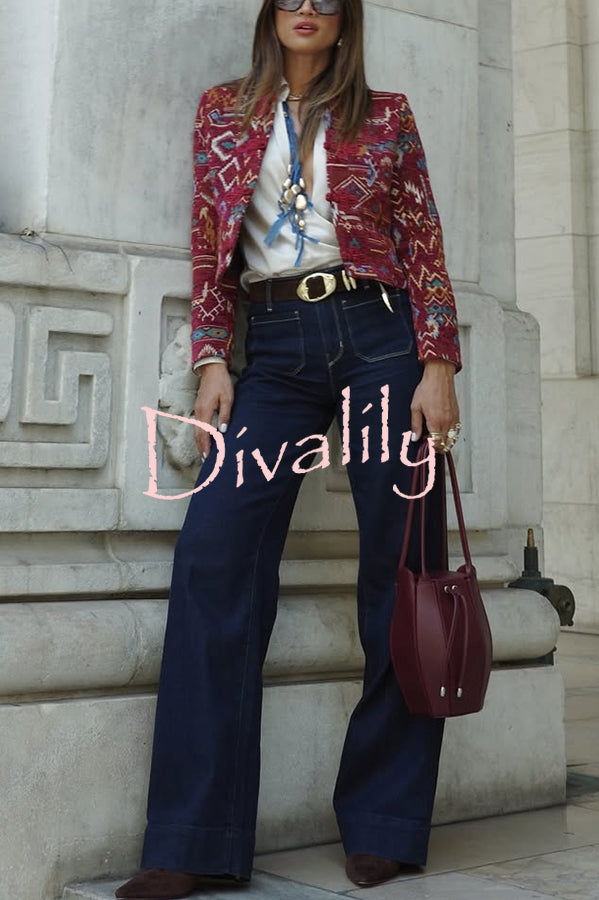 Vintage Bohemian Printed Chinese Style Buttons Long Sleeve Crop Jacket