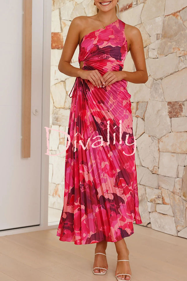 Laken Floral Print One Shoulder Adjustable Tie Cutout Pleated Maxi Dress