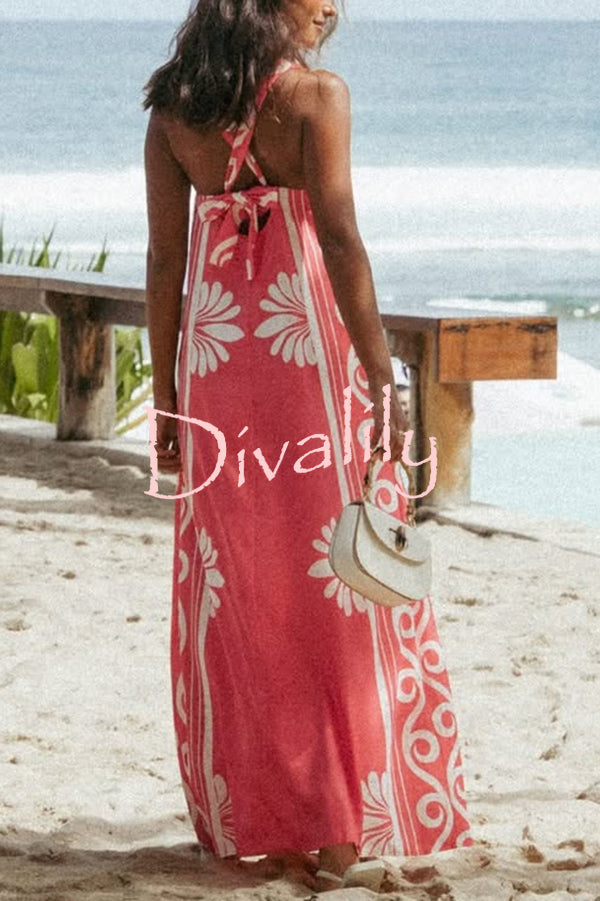 Unique Print Square Neck Open Back Tie Bow Holiday Maxi Dress