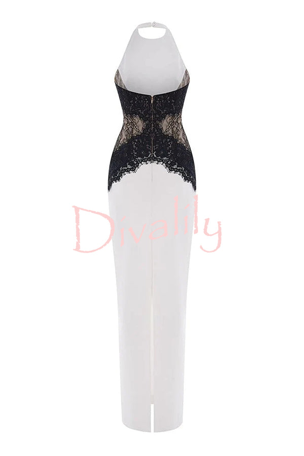 Sexy Halterneck Lace Paneled Backless Slim Maxi Dress