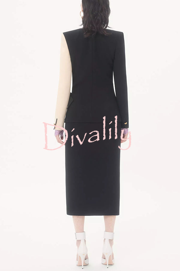 Love Unfolded Contrast Color Side Bow Tie-up Long Sleeve Slit Midi Dress