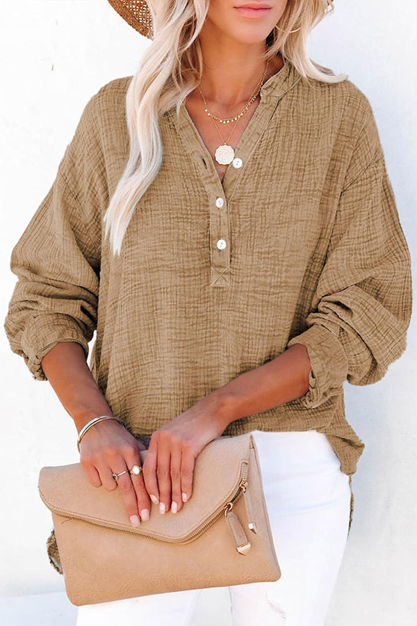 Solid Color Long Sleeve Pleated Button Loose Top