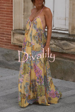 Plant Print Halter Back Loose Holiday Maxi Dress