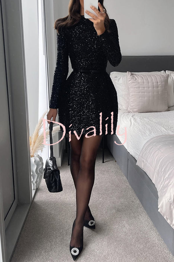 Edie Sequin High Neck Long Sleeve Satin Bow Belted Tulip Mini Dress