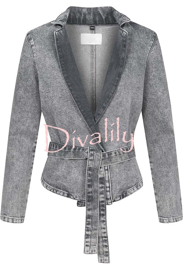 Casual Meetup Denim Stand Neck Long Sleeve Belted Loose Jacket