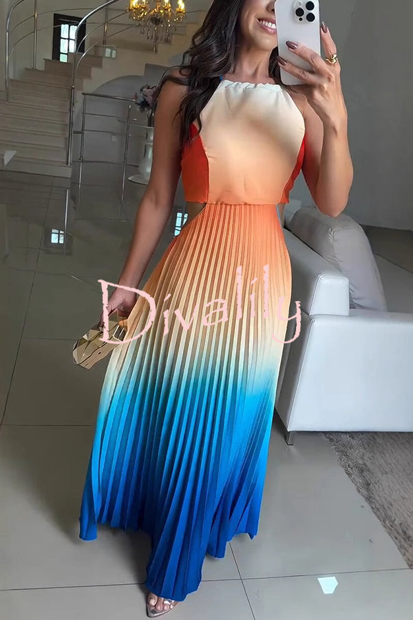 Fashionable Backless Tie Elegant Gradient Pleated Maxi Dress