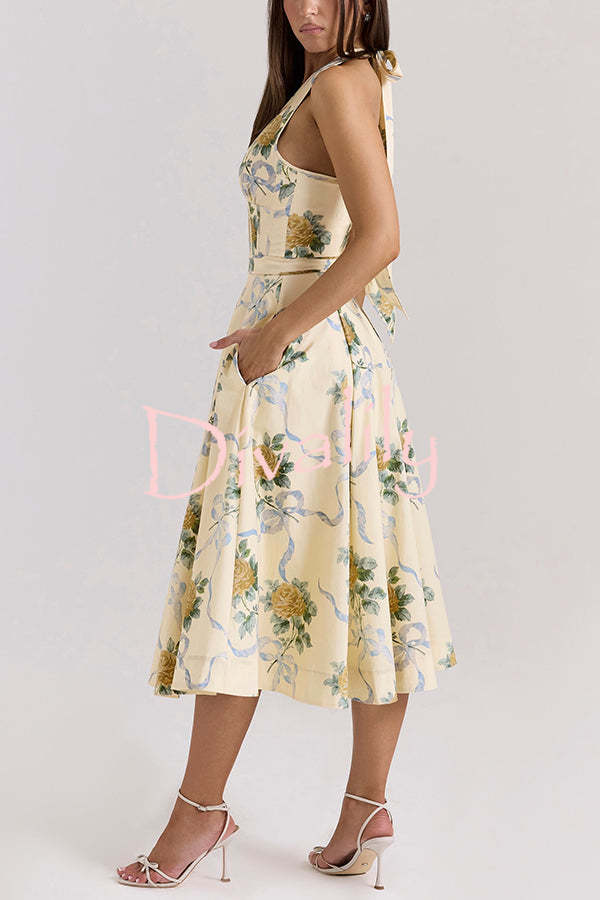 Resort Star Floral Print Waist Halterneck Tie Pocket Midi Dress