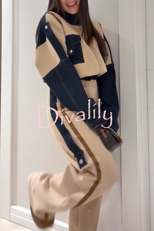 Chill Whispers Denim Patchwork Sweatshirt Fabric Striped Elastic Waist Pocket Loose Pants