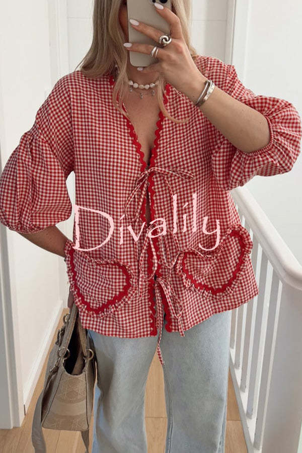 Lovely Plaid Heart Pattern Casual Lace-up Pocket Loose Shirt