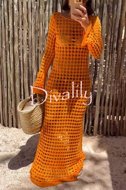 Sunny Beachside Crochet Knit Hollow Out Long Sleeve Cover-up Maxi Dress