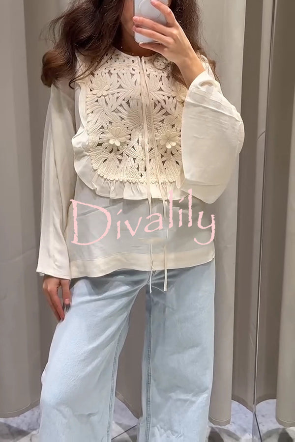 Fashionable Round Neck Tie Hollow Stitching Casual Shirt