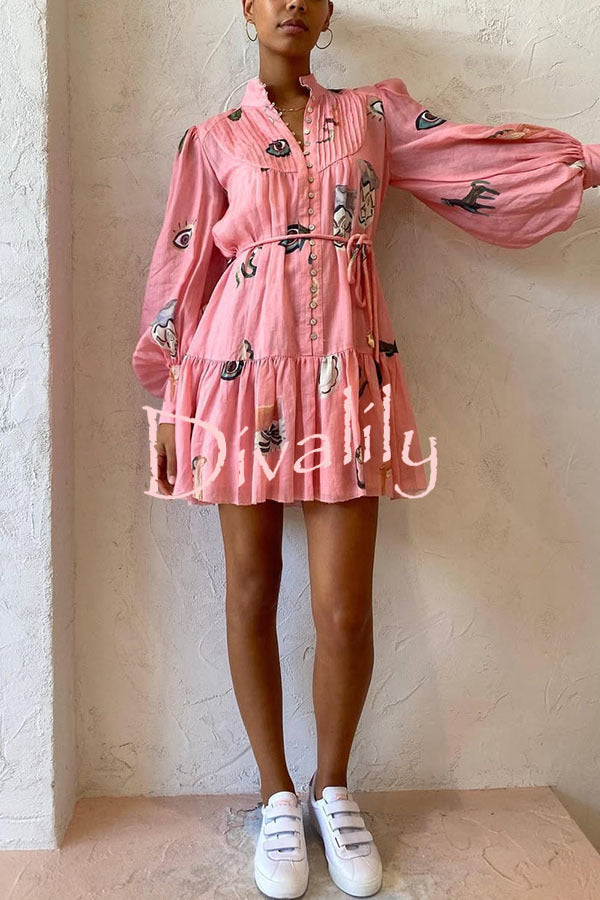 Unique Print Single Breasted Balloon Sleeve Tie Waist Ruffled Mini Dress