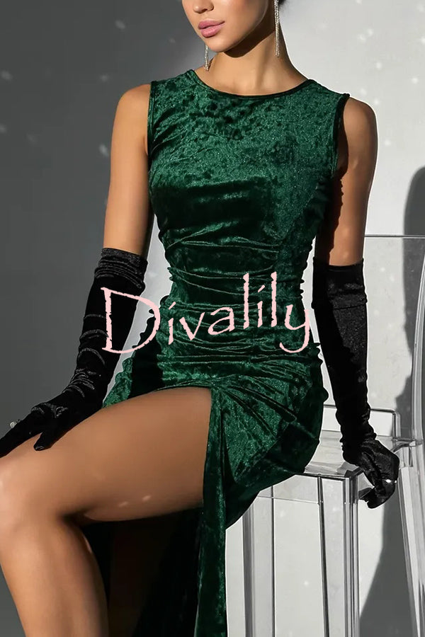 Solid Color Velvet Round Neck Sleeveless Slim Slit Maxi Dress