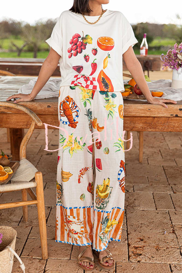 Unique Printed Elastic Waist Pocket Vacation Casual Wide Leg Pants