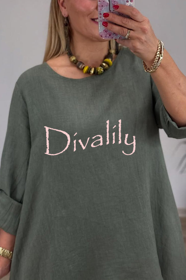 Linen Blend Crew Neck Long Sleeve Irregular Loose Top and Elastic Waist Floral Print Casual Pocket Set
