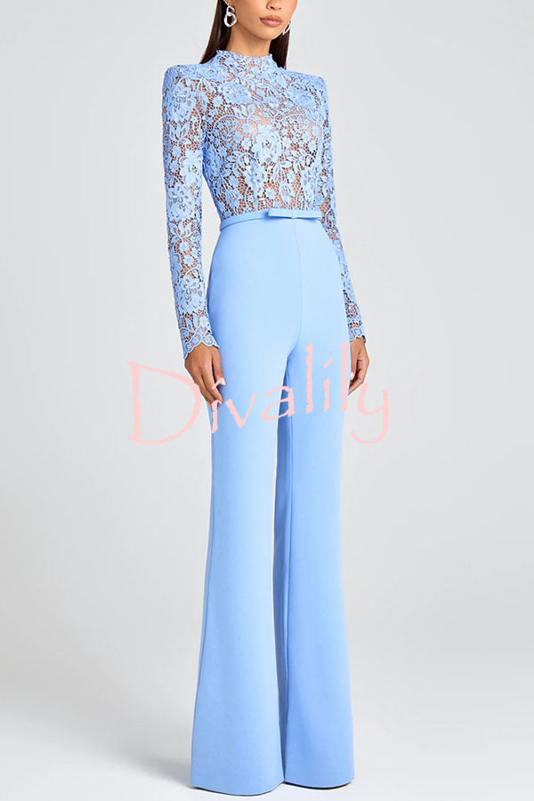Party Charmer Flower Lace Patchwork Long Sleeve Bow Belted Flare Jumpsuit