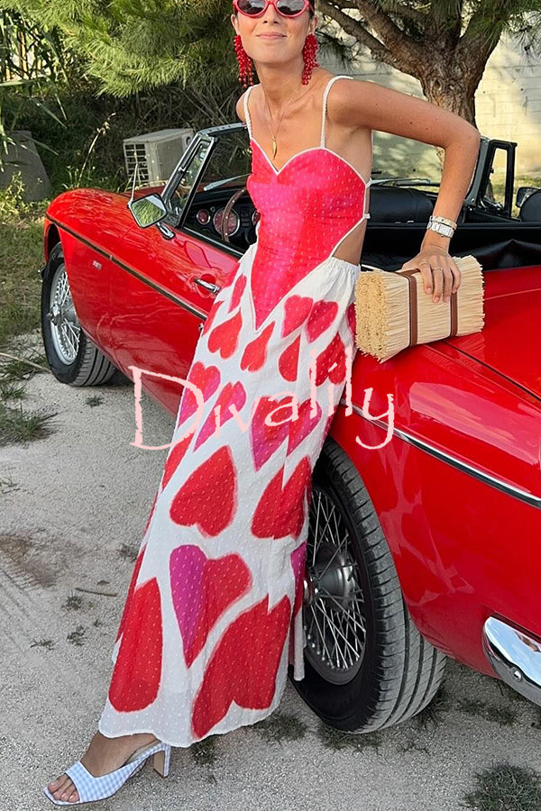 Full of Love Heart Shape Print Cutout Spaghetti Strap Backless Maxi Dress