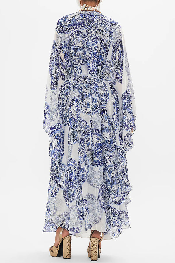 Blue and White Porcelain Print V-Neck Waist Loose Maxi Dress