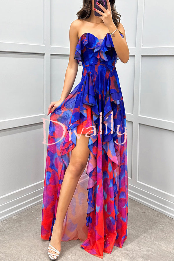 Loving Moment Gradient Unique Print Flowing Layered Ruffles Strapless Slit Maxi Dress