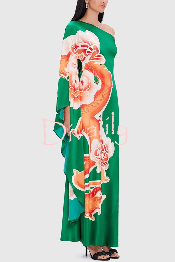 Elegance and Grace Satin Dragon Print One Shoulder Drape Sleeve Maxi Dress