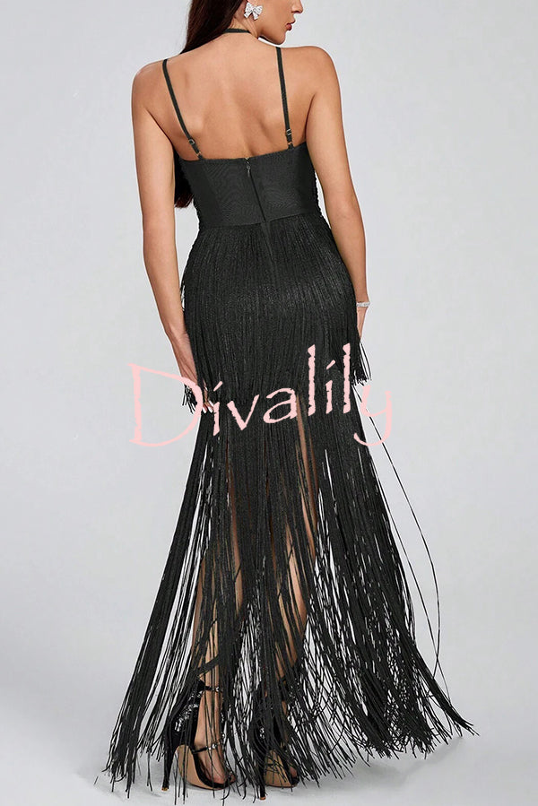 Sexy Halterneck Open Back Elegant Tassel Slim Maxi Dress