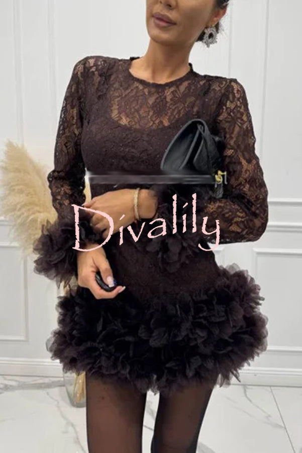 Alyssa Lace Fabric Tulle Layered Petals Trim Long Sleeve Mini Dress